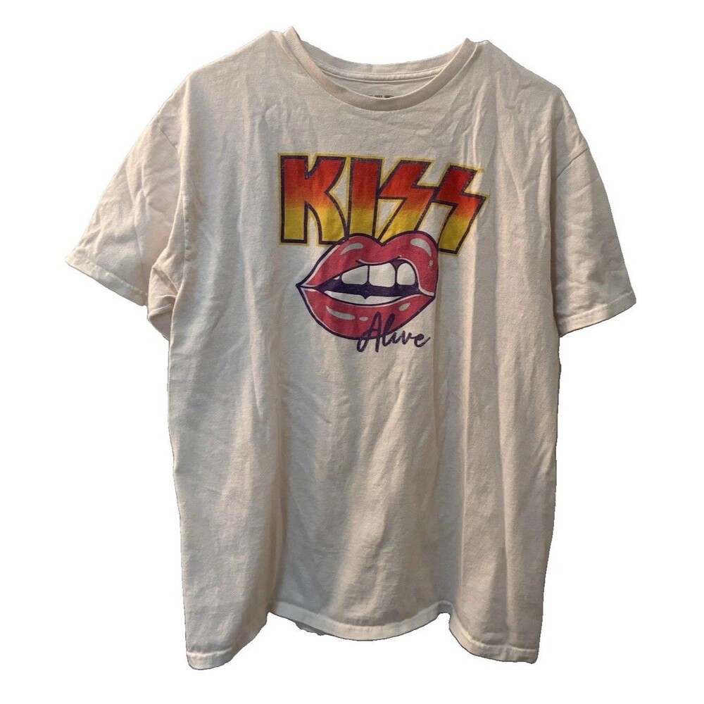 Vintage Style KISS Alive Lip Logo Graphic Tee - White - Size L